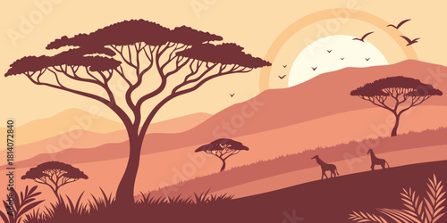 african savanna landscape illustration with acacia trees silhouettes and sunset in warm orange brown earth tones featuring layered hills and wildlife panoramic scene