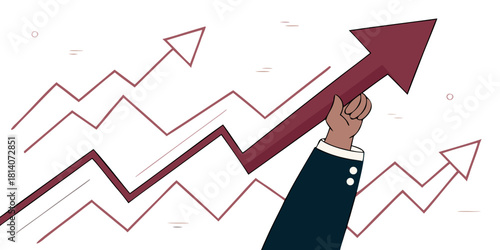 business hand holding burgundy upward arrow among multiple rising trend arrows symbolizing growth success and financial progress in professional corporate illustration design