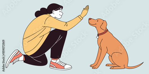 person kneeling training dog with hand gesture showing companionship bonding moment in minimalist illustration style with yellow sweater orange dog on blue background