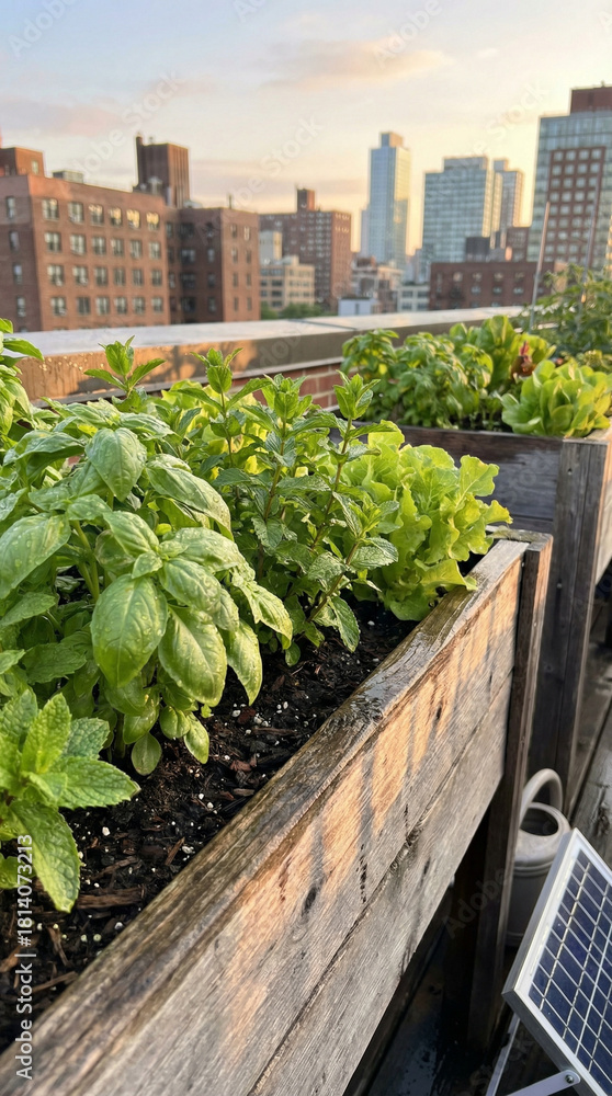 Fototapeta premium Vibrant rooftop garden featuring basil and lettuce in wooden planters, with a city skyline backdrop during sunset, ideal for urban gardeners.