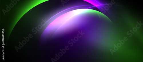 Abstract composition featuring vibrant curves, purple hues, green glow. Dark background emphasizes luminous shapes, creating dynamic visual effect.