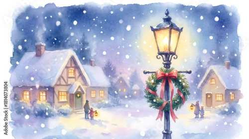 Wallpaper Mural A watercolor illustration of a cozy Christmas village at night. Festive winter scene with snow-covered houses and a glowing lamppost Torontodigital.ca