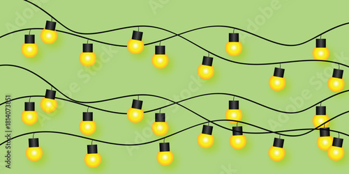 Hanging yellow string lights pattern on green background festive decorative vector