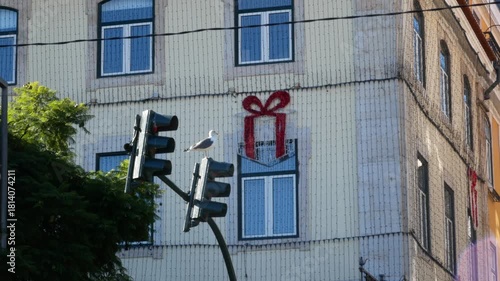 A seagull perched on a traffic light in front of a building decorated with Christmas lights and a large gift-shaped ornament.