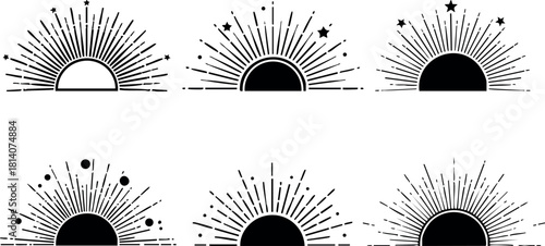 Sunburst vector icons set with rays and stars in black and white style for decorative design elements
