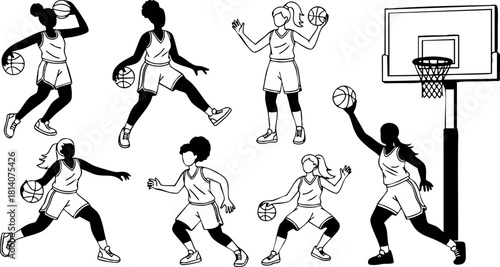 Female basketball players dribbling shooting and passing ball with basketball hoop silhouette vector illustration