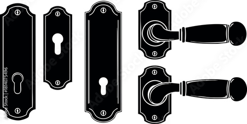 Black silhouette vintage door handle lock set vector illustration isolated on white background