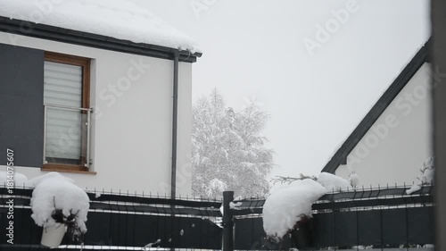 Snow-Covered Roof with gutters on modern house in Winter
