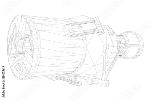 A 3D wireframe model of the Damocle phase telescope, featuring a cylindrical body, pointed end, side handle, visible antennae, and detailed lens components on a white layer.