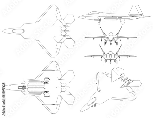 Set of fighter jets in combat formation with sleek aerodynamic design. Black contour outlines highlight detailed wings, tails, and engines. This military aircraft set appears ready for action.