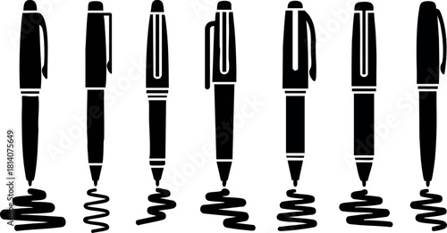 Black silhouette ballpoint pens drawing ink lines on white background vector illustration pen writing tool stationery office supply
