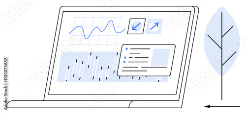 Data analytics ation. Data analytics through laptop displaying graphs and charts for insight analysis. Data analytics enhancing efficiency and decision-making. For technology, research, data science