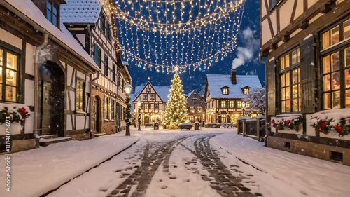 Charming village street adorned with festive lights, enchanting winter wonderland with snow-covered paths, holiday spirit in a picturesque setting