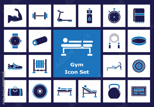 A collection of bold flat color icons representing gym equipment and workout elements. Features icons for weightlifting, cardio, yoga, and athletic accessories such as water bottles, skipping ropes, w