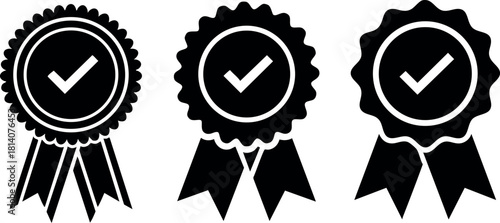 Award ribbons with check mark icon set black silhouette vector illustration