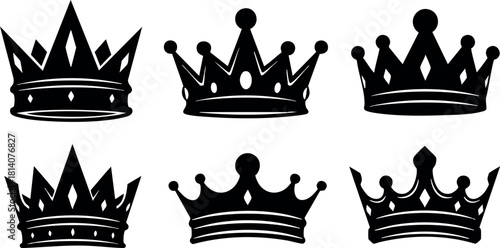 Black silhouette crown collection six different styles royal symbols vector illustration