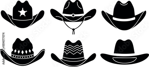 Cowboy hats collection western styles black silhouette design vector illustration set