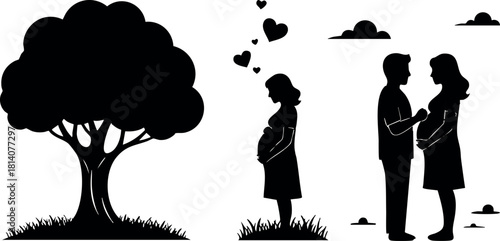 Silhouette tree pregnant woman couple romantic love hearts nature outdoor scene vector illustration
