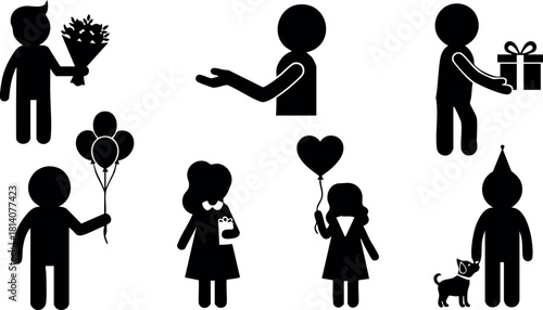 Vector silhouettes of children holding gifts balloons flowers and heart shapes in celebration party scene