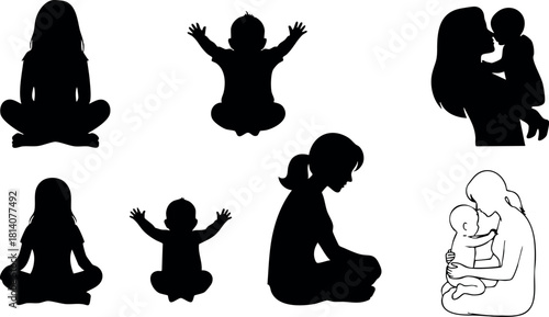 Silhouette children sitting and playing with mother vector illustration family lifestyle scene