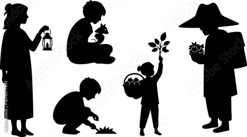 Children gardening planting and harvesting fruits vector black silhouette illustration