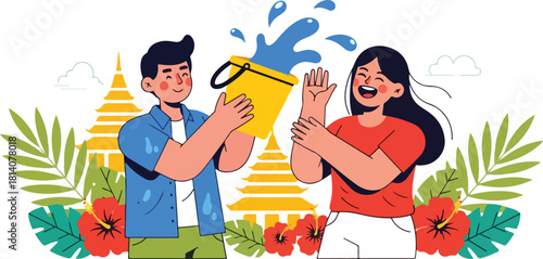 Man and woman exchanging data on their smartphones with tropical flowers