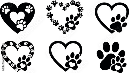 Black pet paws heart vector illustration set simple design for animal lover icons and symbols