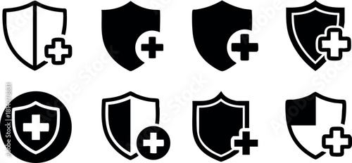 Black and white medical shield icons protection and healthcare symbols vector illustration set