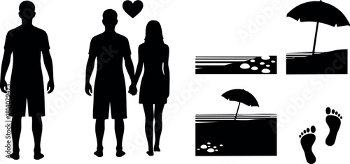 Silhouette couple holding hands with heart beach umbrella footprints vector illustration