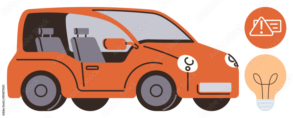 Naklejka premium Orange car facing left, safety alert sign, and light bulb graphic. Ideal for automotive design, technology, innovation, eco-friendly mobility, safety awareness, transportation systems and progress