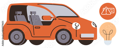 Orange car facing left, safety alert sign, and light bulb graphic. Ideal for automotive design, technology, innovation, eco-friendly mobility, safety awareness, transportation systems and progress