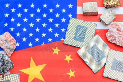 Rare earth minerals and CPUs on the US–China flags highlight intensifying semiconductor restrictions and future strategic resource competition amid global tech tensions.