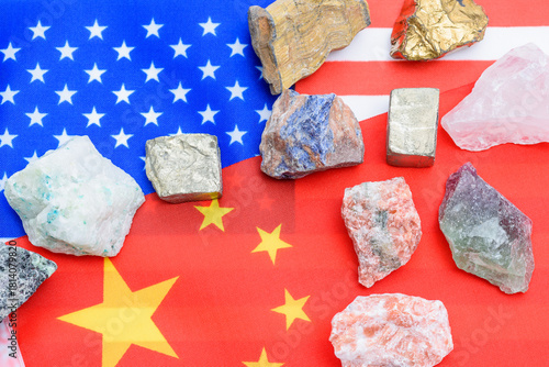 US and China Trade War Concept with Critical Minerals and Rare Earth Elements on Flags