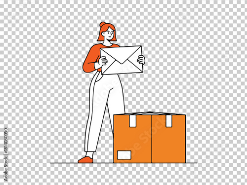 Woman holding an envelope next to a delivery box