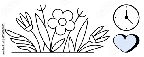 Flower garden surrounded by leaves, joined by a clock and heart shape. Ideal for nature, growth, love, mindfulness, wellness, timelessness and simplicity themes. Black outline with simple flat