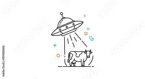 Line art illustration of a flying saucer abducting a cow with a beam of light, depicting an otherworldly encounter in a farm setting.