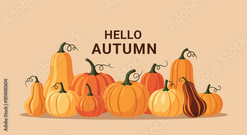 A vibrant illustration showcasing a variety of pumpkins and gourds in autumnal colors, accompanied by a 'HELLO AUTUMN' message.
