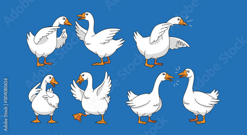 A collection of seven funny cartoon white geese engaging in various expressive poses and interactions on a vibrant blue background.
