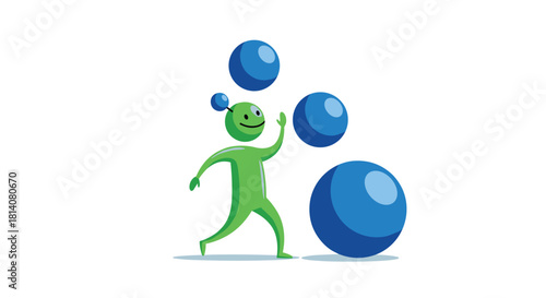 A cheerful green cartoon character with antennae juggles and interacts with blue spheres of different sizes against a clean white background.