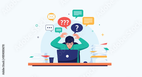 A man is overwhelmed by work, emails, messages, and questions, experiencing stress and a heavy workload at his desk.
