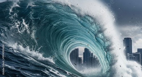 Massive tsunami wave engulfs a modern coastal city, illustrating the overwhelming power of natural disasters and the potential for widespread urban devastation