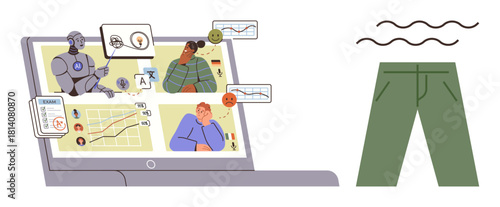 Robot assisting humans in a virtual meeting on a laptop, analyzing charts, emotions, and data trends. Ideal for teamwork, technology, AI, remote collaboration, future innovation analytics simple