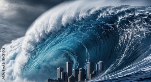 A giant tsunami wave, a terrifying force of nature, looms over a modern city, symbolizing an impending apocalypse and catastrophic disaster