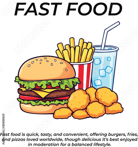 PrintColorful fast food combo with burger, fries, drink, nuggets and caption vector illustration