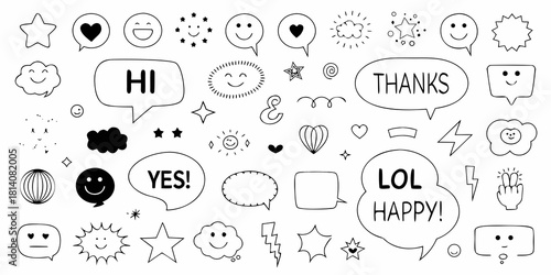 Collection of hand drawn doodle icons and speech bubbles