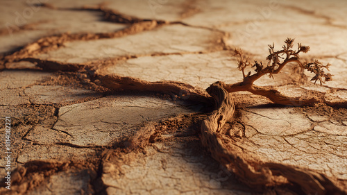 Fototapeta Naklejka Na Ścianę i Meble -  Macro desert scene made of cracked cocoa powder with spice branch