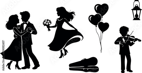 Silhouette couple dancing woman jumping holding flowers violinist with heart balloons and lantern vector illustration