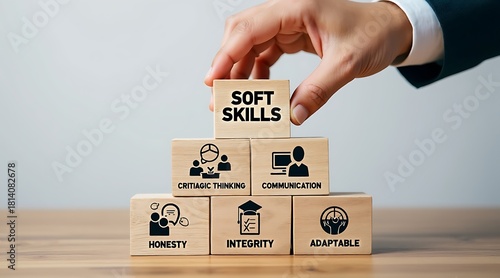 Hand Stacking Wooden Blocks with Soft Skills and Icons image photo