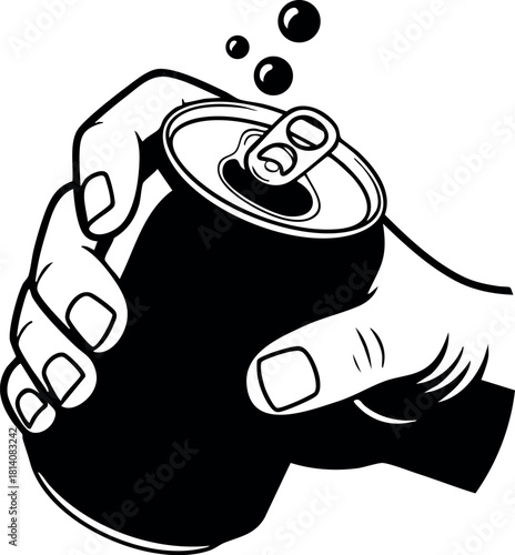 Hand holding opened soda can with bubbles rising simple black and white vector illustration