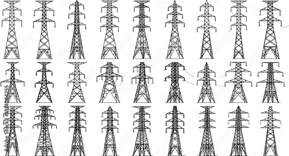 Fototapeta premium Transmission towers silhouette, electrical pylons grid, lattice steel structures, diverse tower designs, 